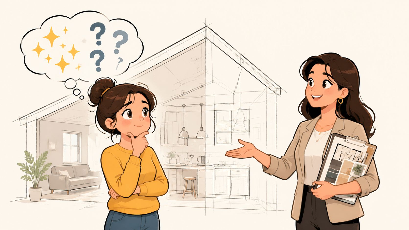 An interior designer presenting home renovation plans to a curious client in a conceptual architectural sketch setting.