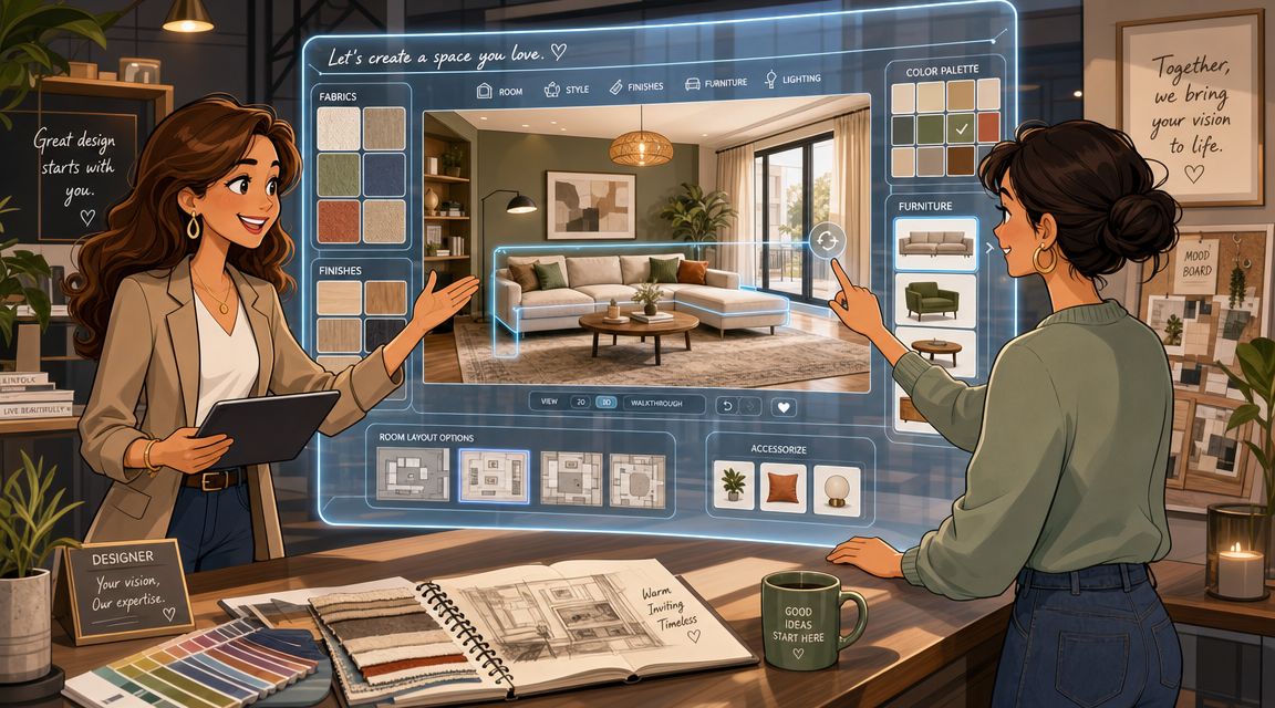 A professional interior designer collaborating with a client on a home project using a digital 3D interface.