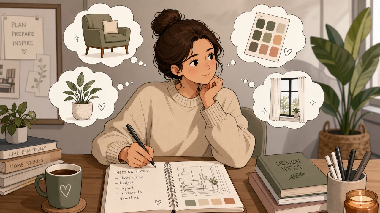 A young woman sitting at a desk planning home interior designs in a notebook surrounded by inspiration.