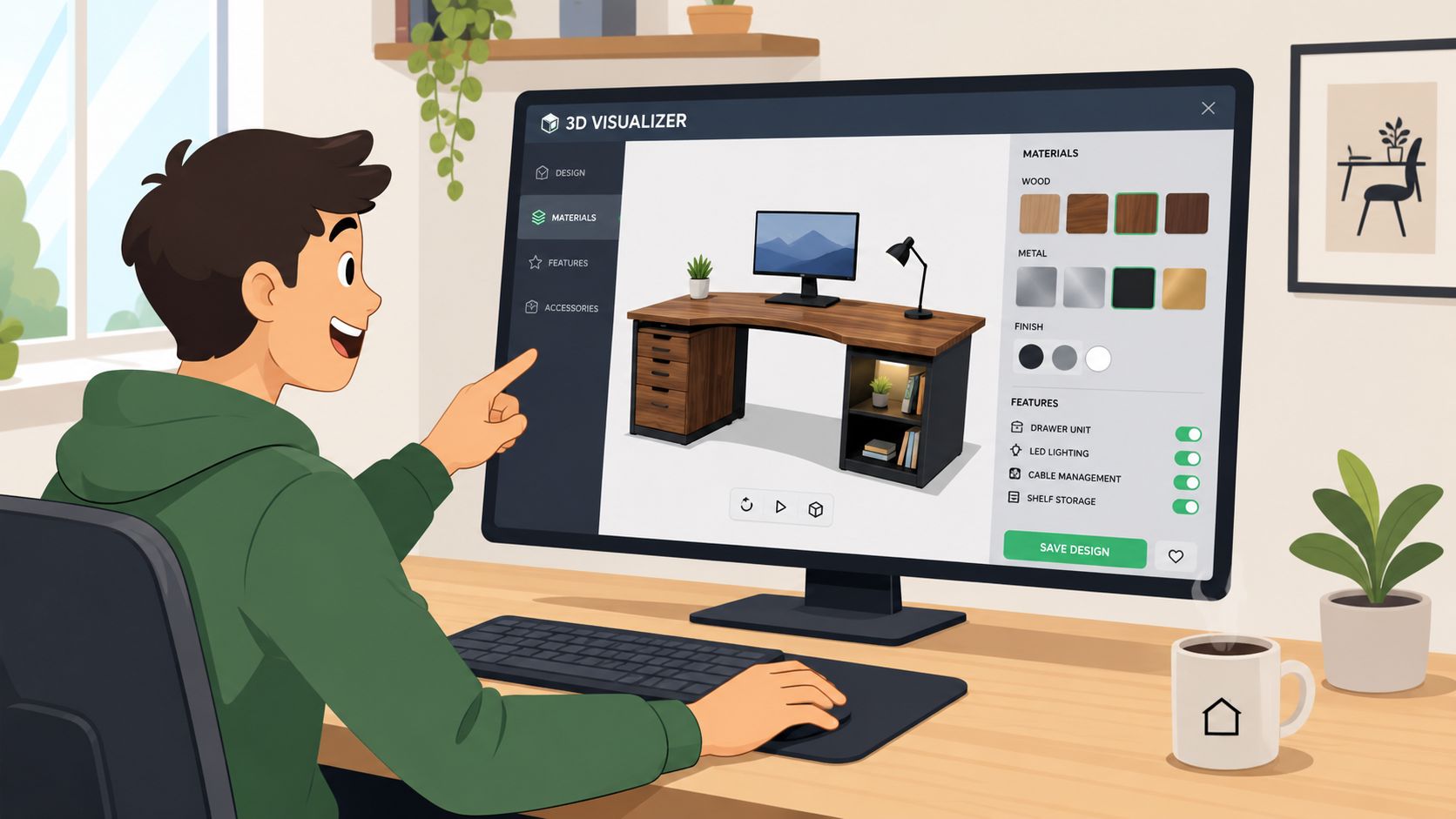 A young person customizing a wood and metal home office desk using 3D visualization software on a computer.