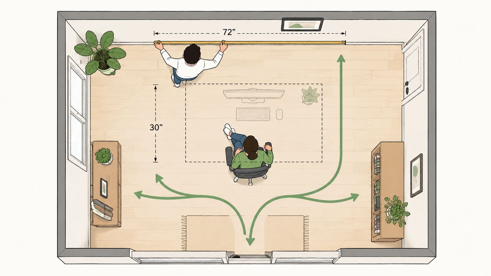 A top-down architectural floor plan view of a home office showing room dimensions and furniture placement.