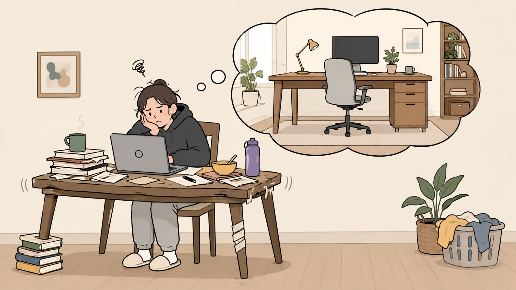 A person feeling stressed at a messy wooden desk, dreaming of a tidy and organized home office workspace.