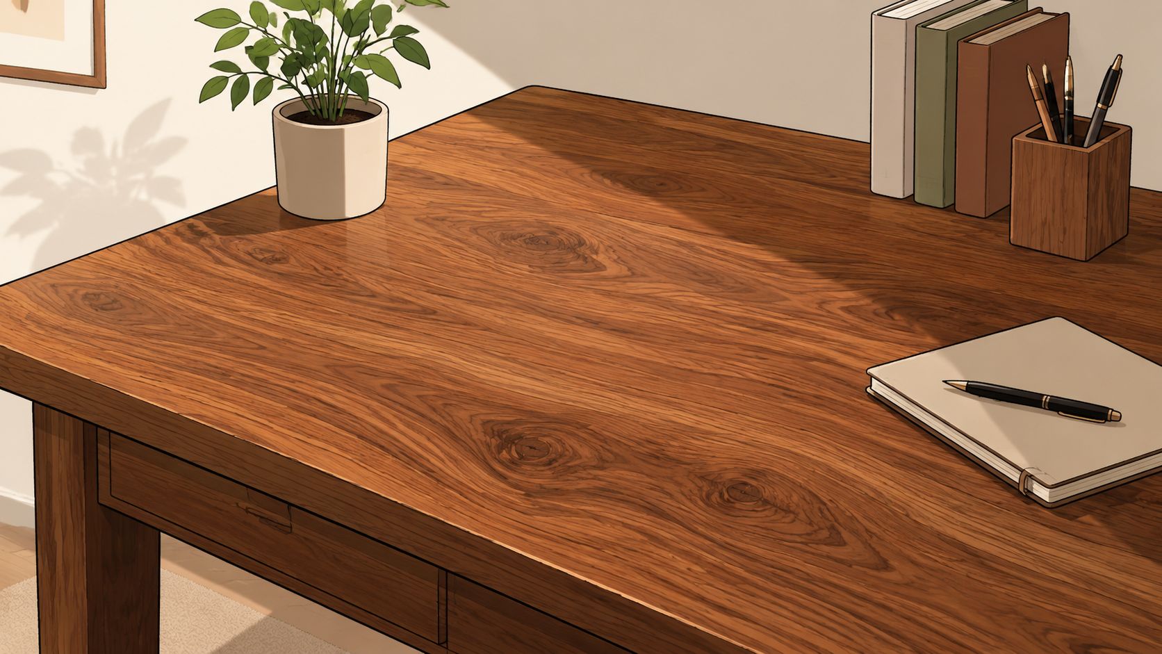 A clean wooden desk in a home office with a potted plant, notebooks, and a pen holder.