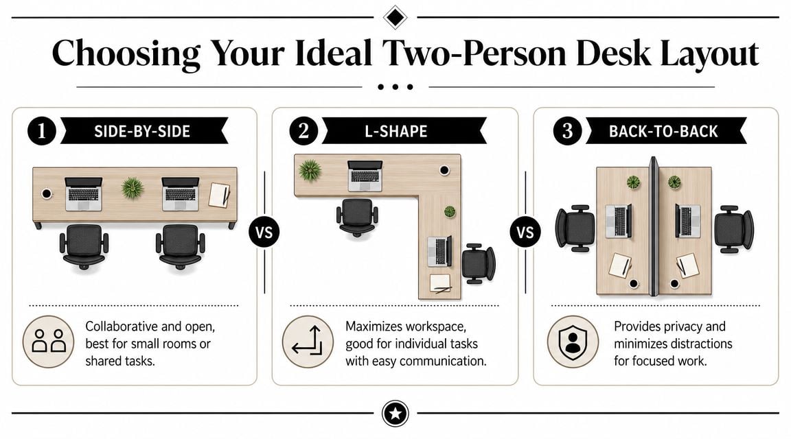 A visual guide comparing three two-person desk layout options: side-by-side, L-shape, and back-to-back configurations for offices.