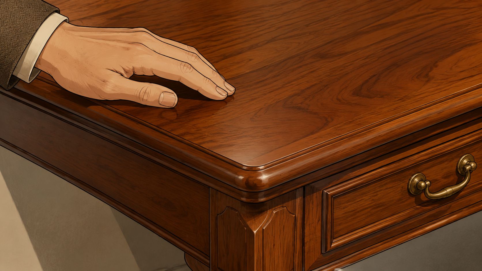 A close-up view of a person's hand resting on a polished dark wood desk surface.