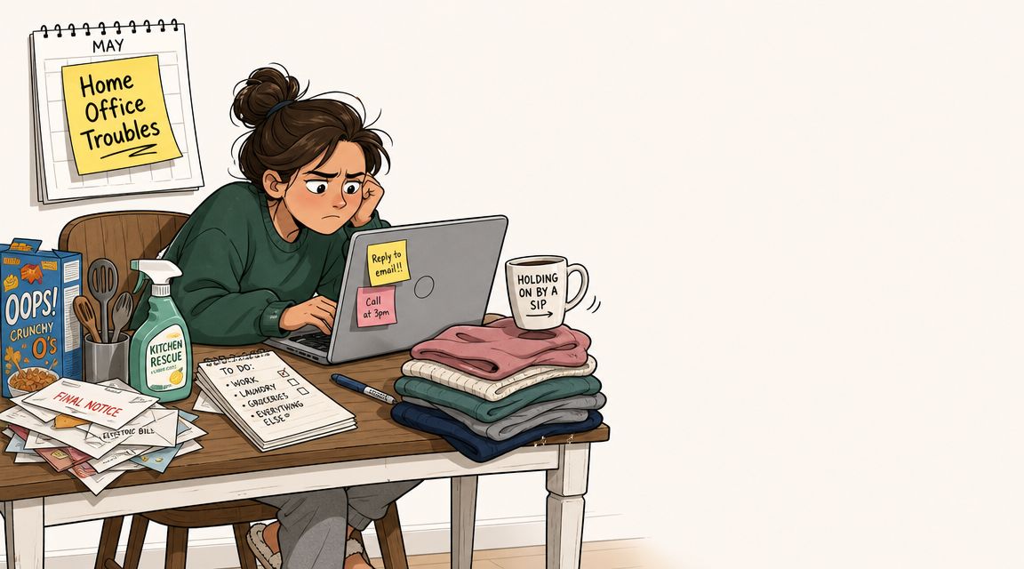A woman working on a laptop at a cluttered home office desk with laundry and bills.