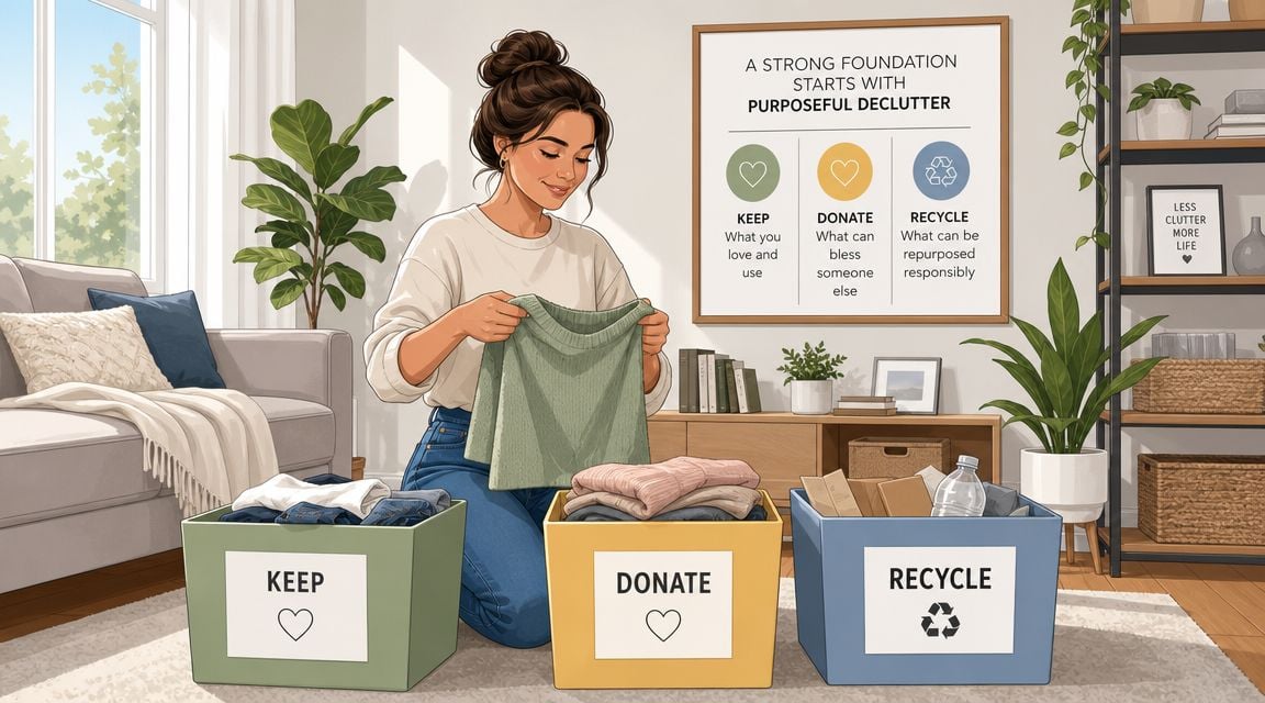 A woman organizing clothing into separate bins labeled Keep, Donate, and Recycle to declutter her home.