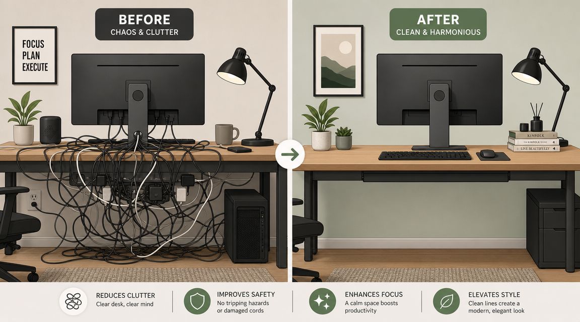 A split image showing a messy desk with tangled cords compared to an organized, clean desk setup.