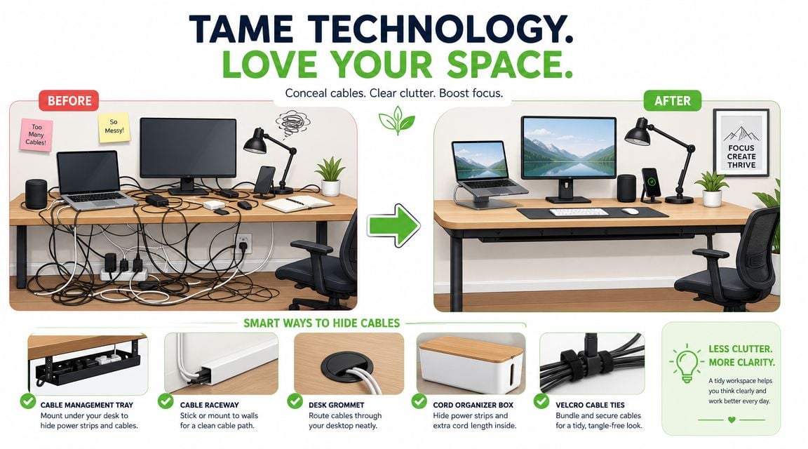 A comparison showing a cluttered desk transformed into an organized home office workspace with cable management solutions.