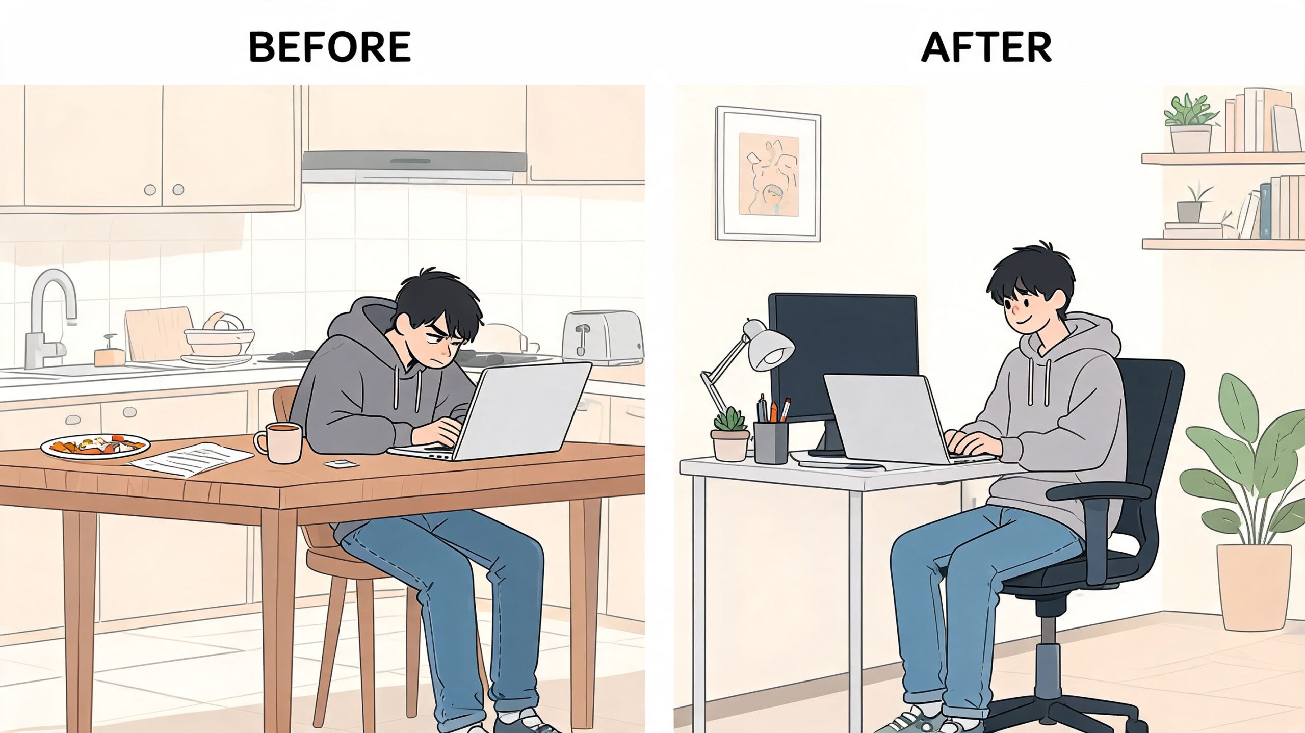 A split image showing a person improving their posture by moving from a kitchen table to an ergonomic desk.