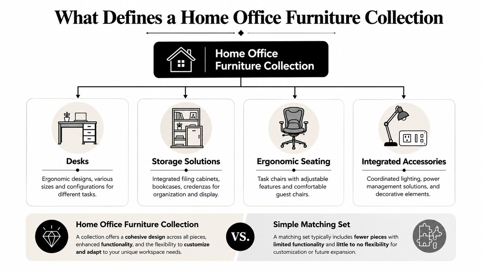 An infographic titled What Defines a Home Office Furniture Collection showing core components and comparing collections versus simple sets.