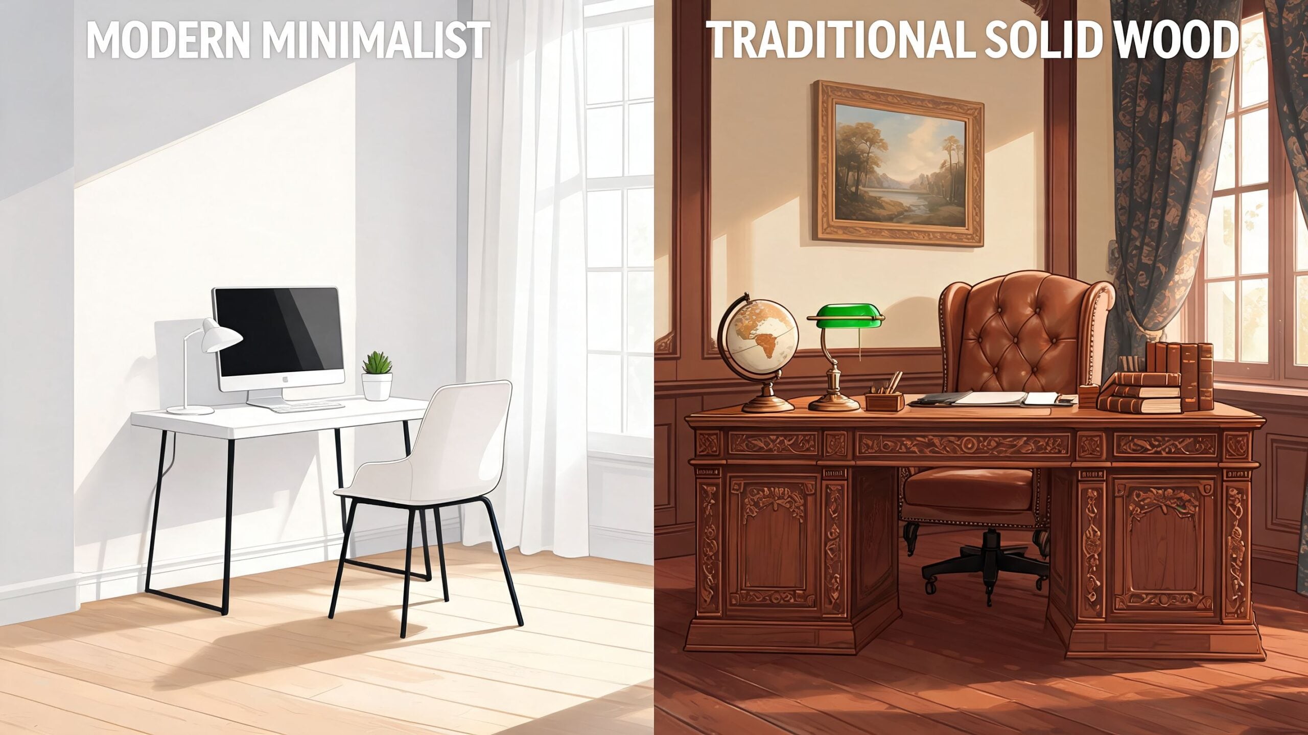 A split image comparing a modern minimalist home office desk setup with a traditional solid wood office.