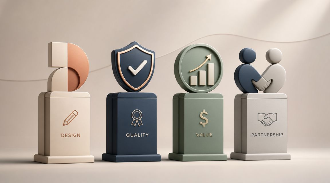 Four pedestals featuring icons representing design, quality, value, and partnership in a professional 3D style.