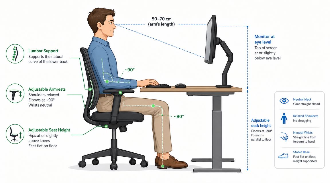A diagram illustrating the proper ergonomic posture and workstation setup for a comfortable and healthy home office.