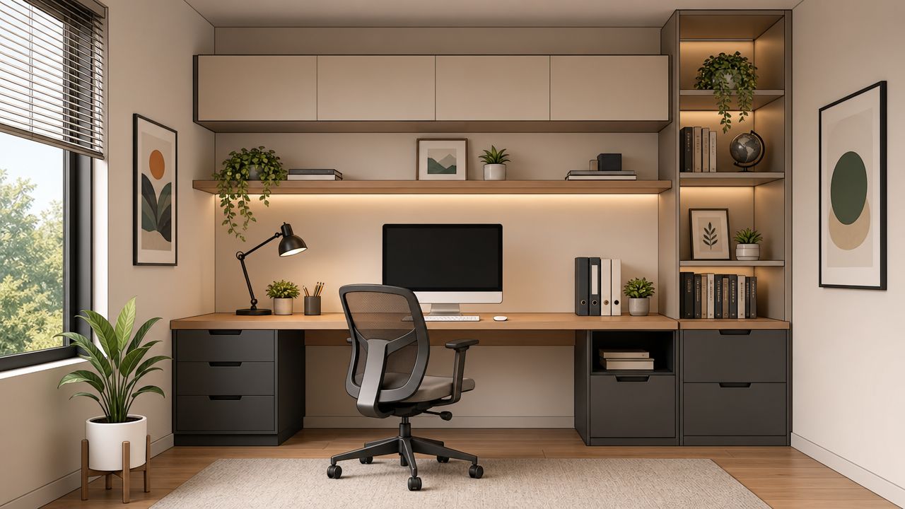 A minimalist home office featuring a desk with a computer, comfortable ergonomic chair, shelves, and indoor plants.