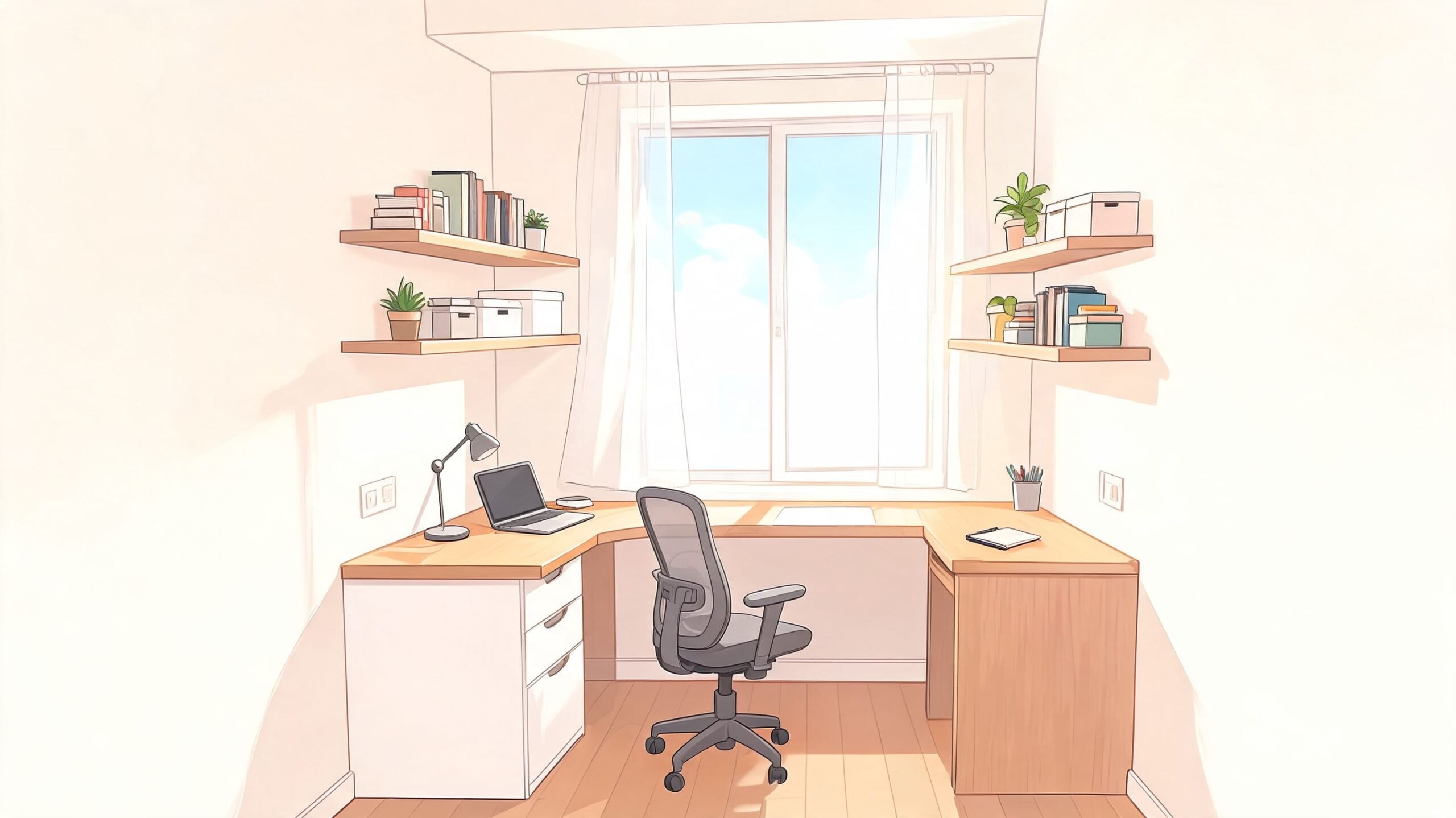 A cozy, minimalist home office setup with a corner desk, ergonomic chair, and floating shelves near a window.