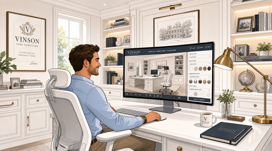 A man using an office furniture visualizer software on a computer in a stylish home office.