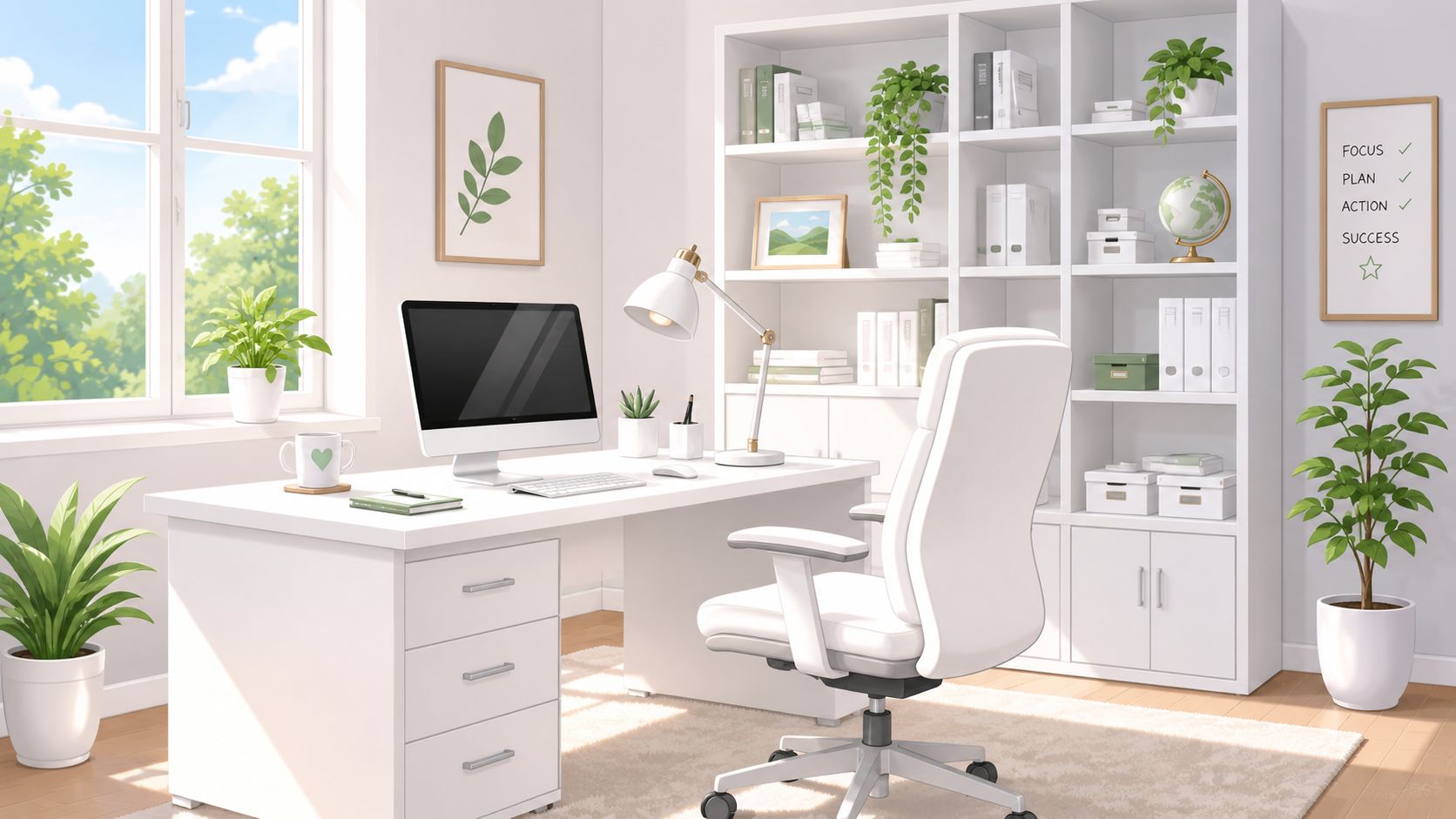 A clean, bright modern home office with a white desk, ergonomic chair, and organized bookshelves.