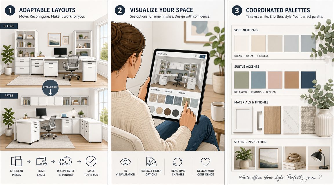 A three-step infographic showing how to customize a modular home office with flexible layouts and designs.