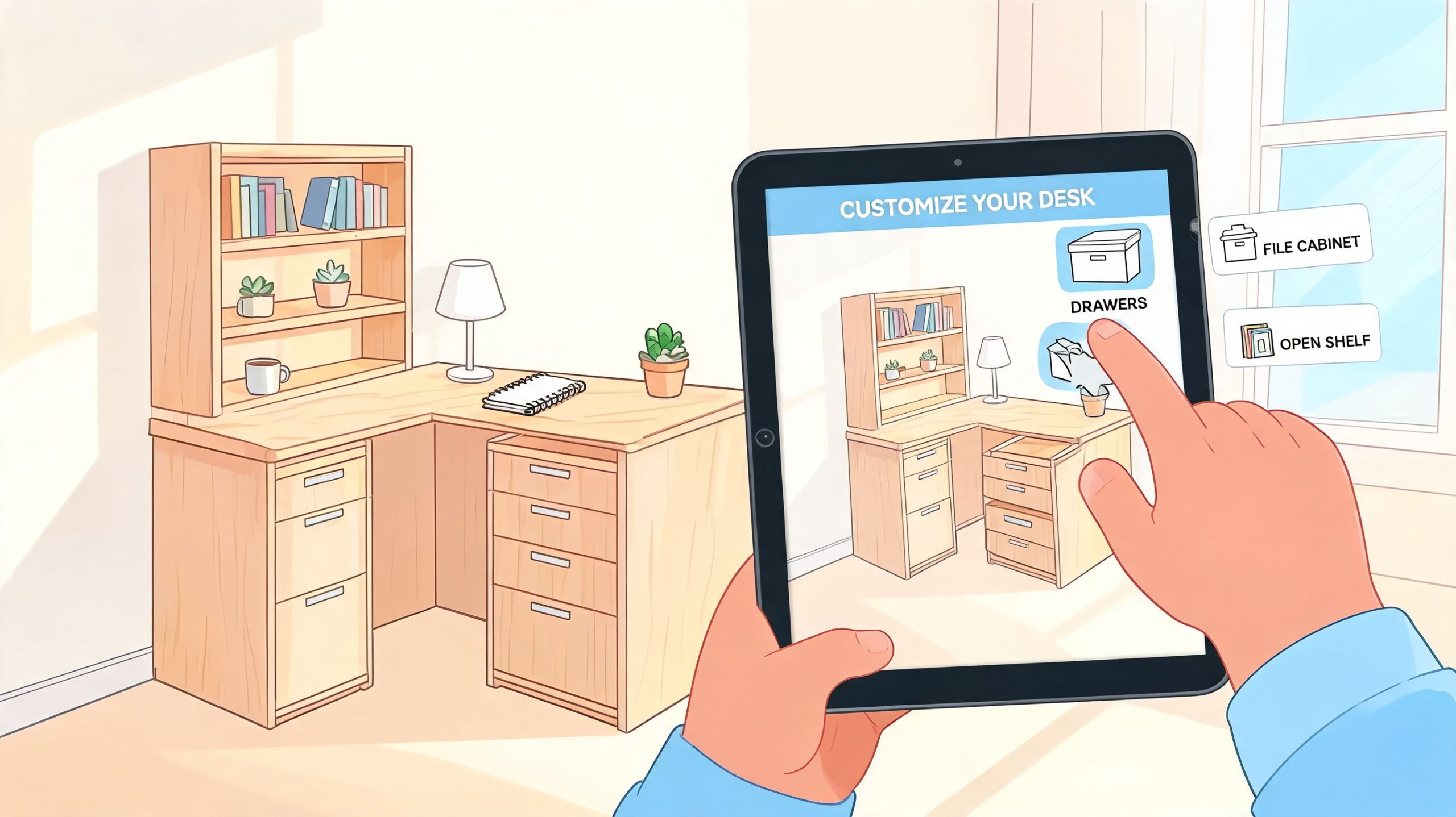 A person using an AR tablet app to customize a light wooden L-shaped home office desk.