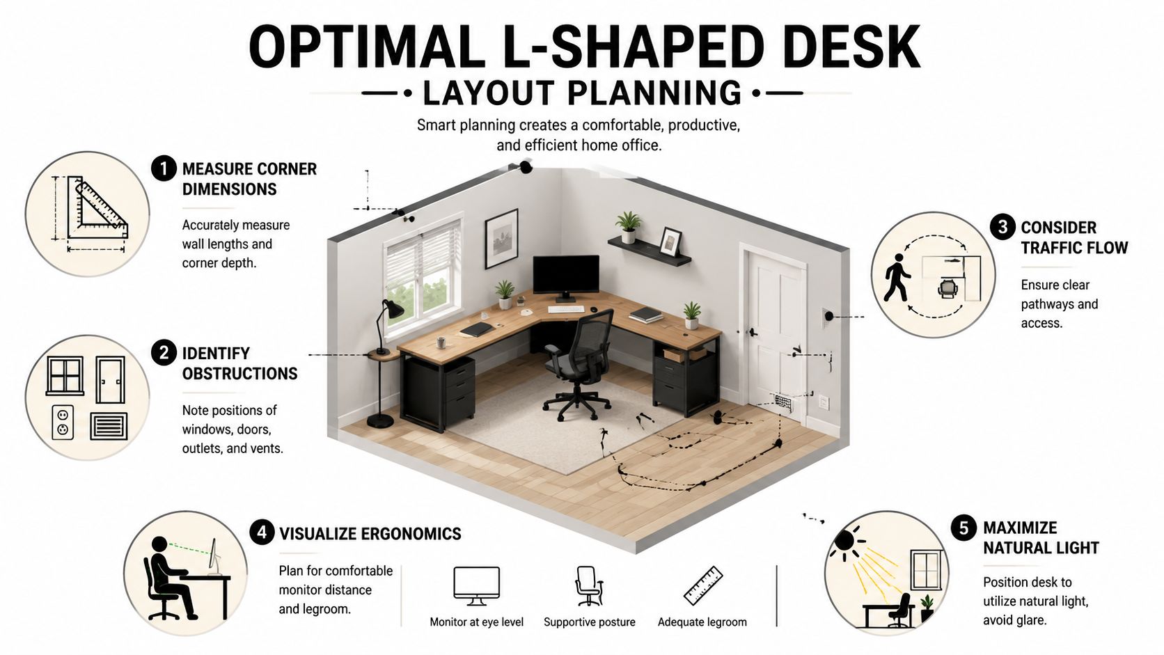 A helpful infographic outlining five essential steps for planning an optimal L-shaped home office desk layout.