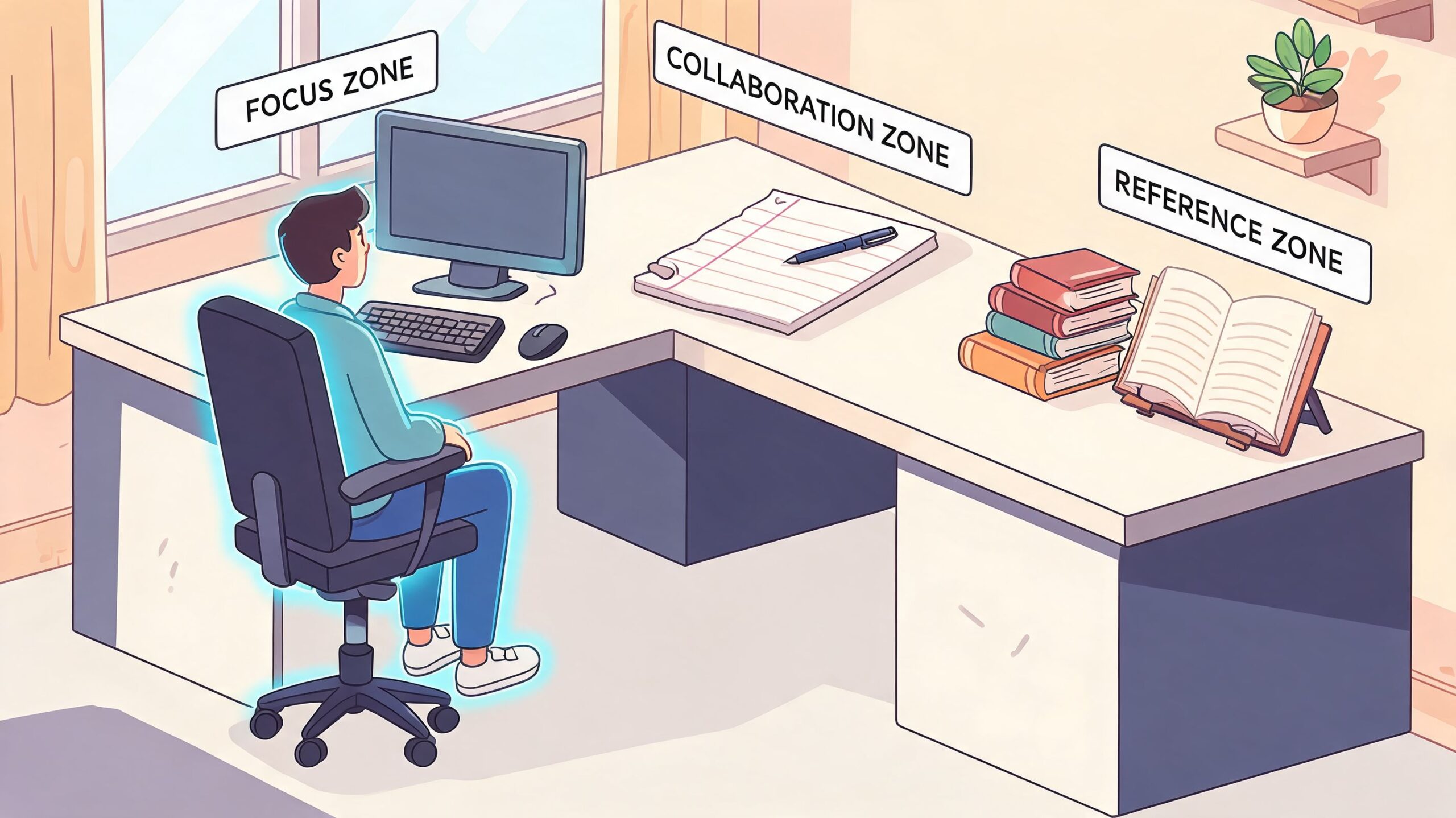 A person sitting at an L-shaped desk divided into specific zones for focus, collaboration, and reference.