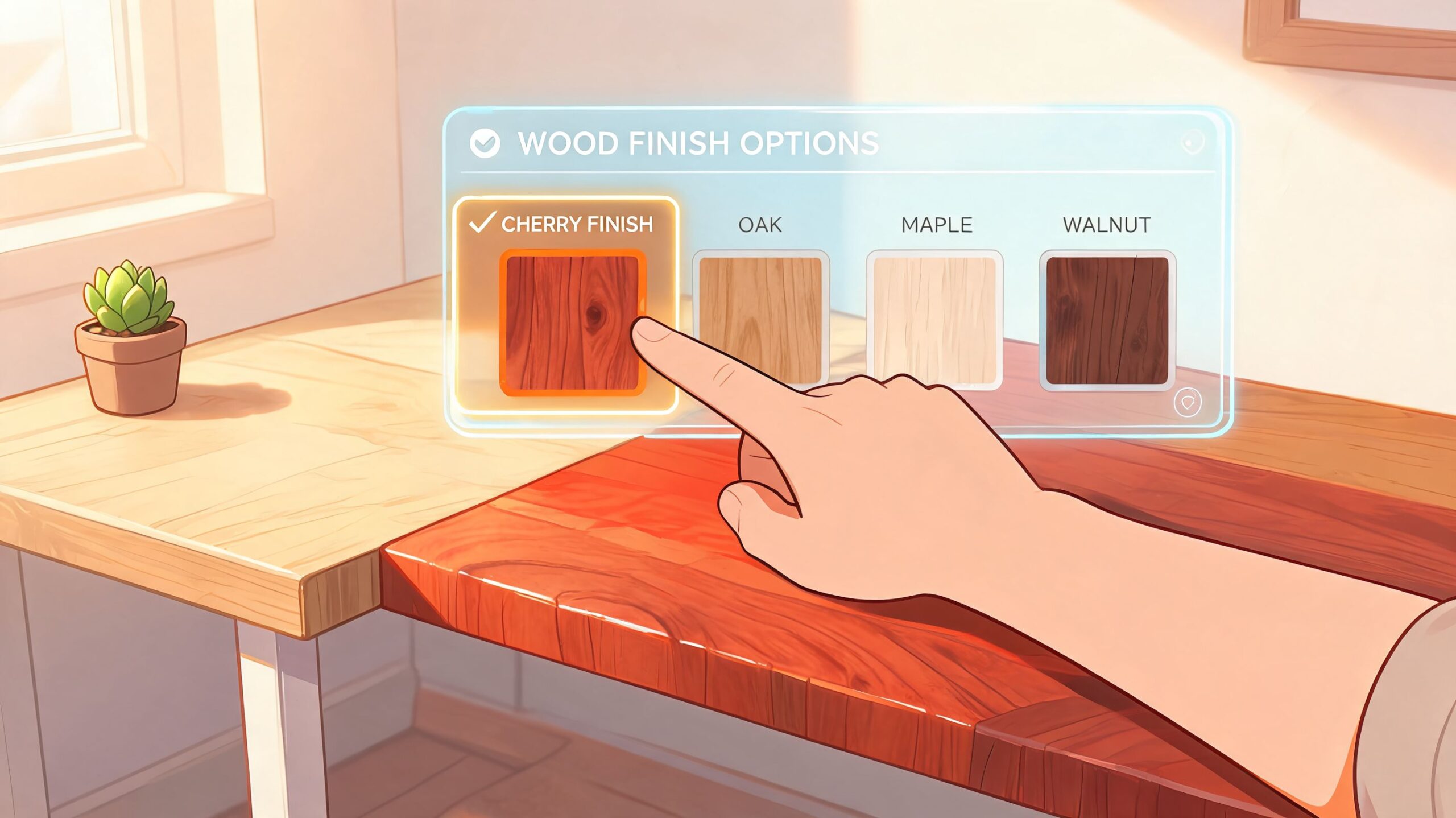 A digital interface shows a hand selecting a cherry wood finish for an L-shaped home office desk.
