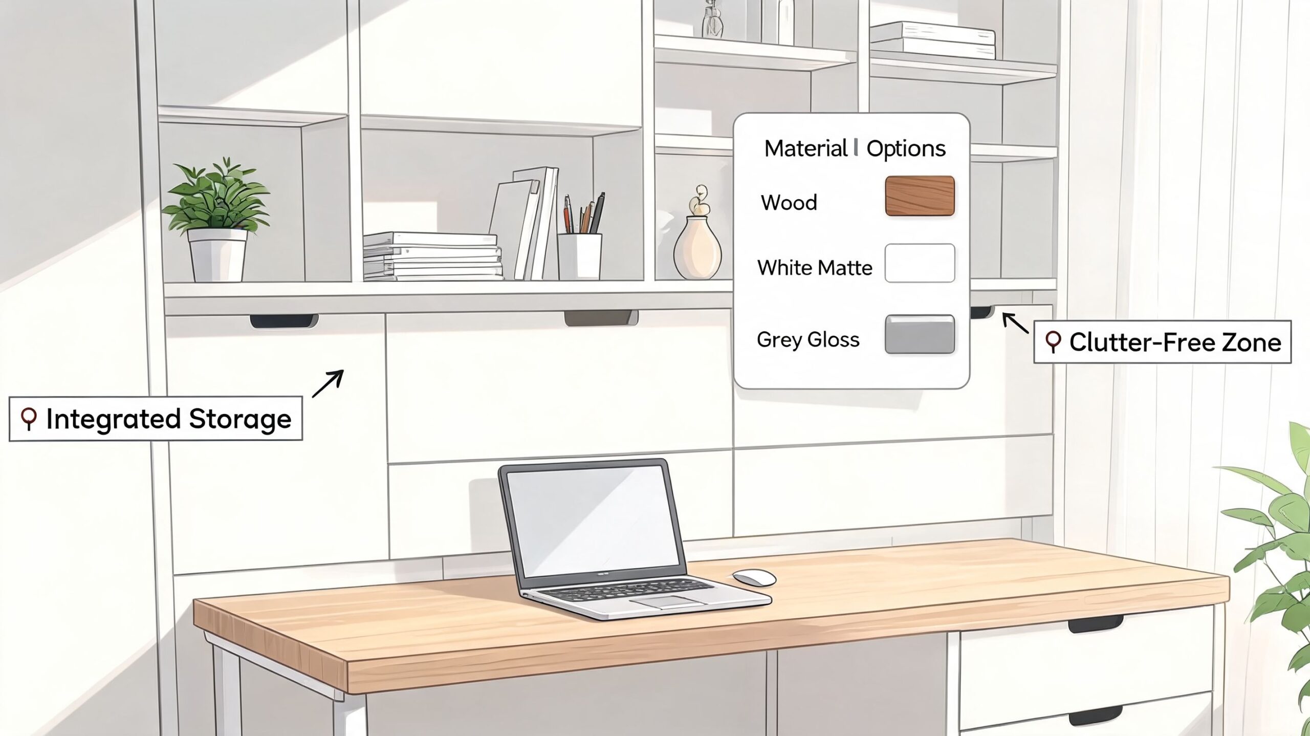A minimalist home office workspace featuring integrated storage, a desk, and selectable material finish options for cabinetry.