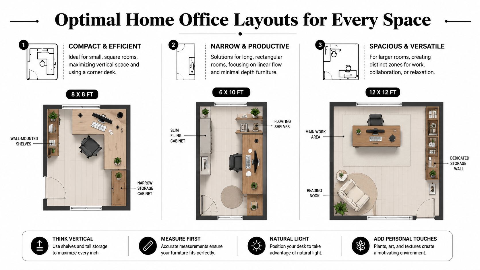 A diagram illustrating three optimal home office furniture layouts for various room sizes and configurations.