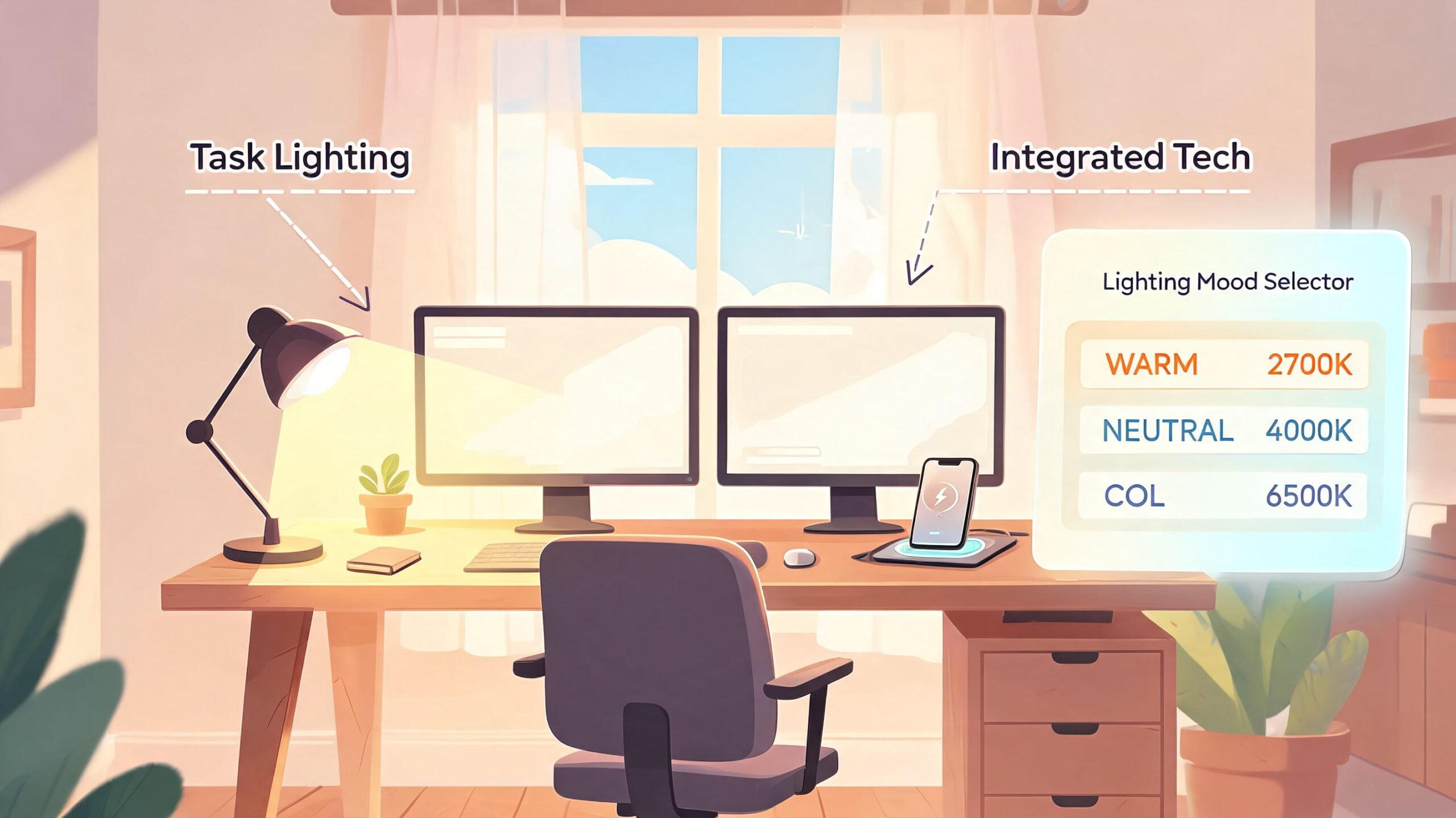 A modern home office setup featuring a dual monitor desk, task lighting, and a digital mood selector.