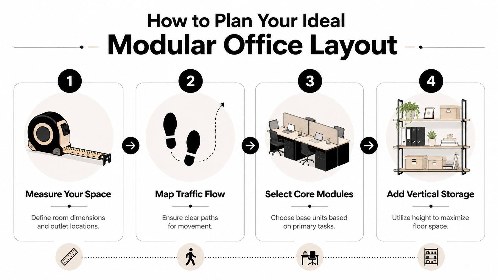A four-step infographic illustrating how to plan an efficient modular office layout for home or work.