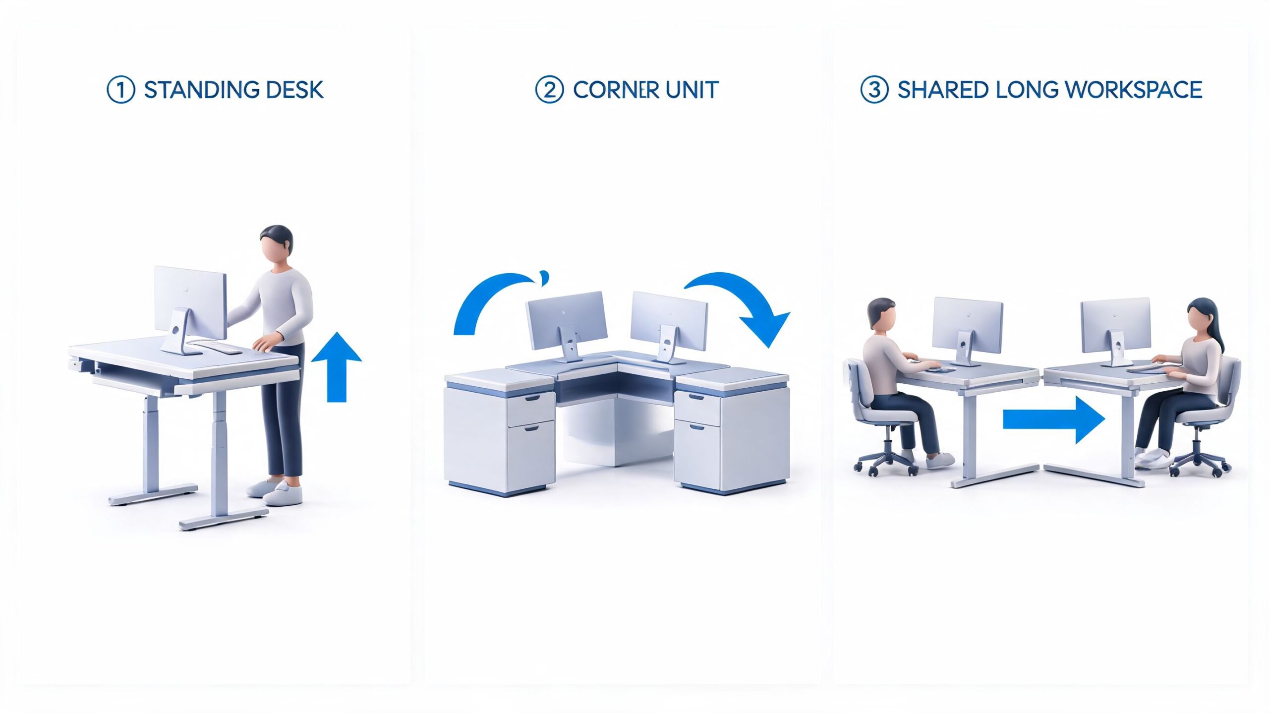 Three illustrations showing versatile modular home office furniture configurations including standing desk, corner unit, and shared workspace.
