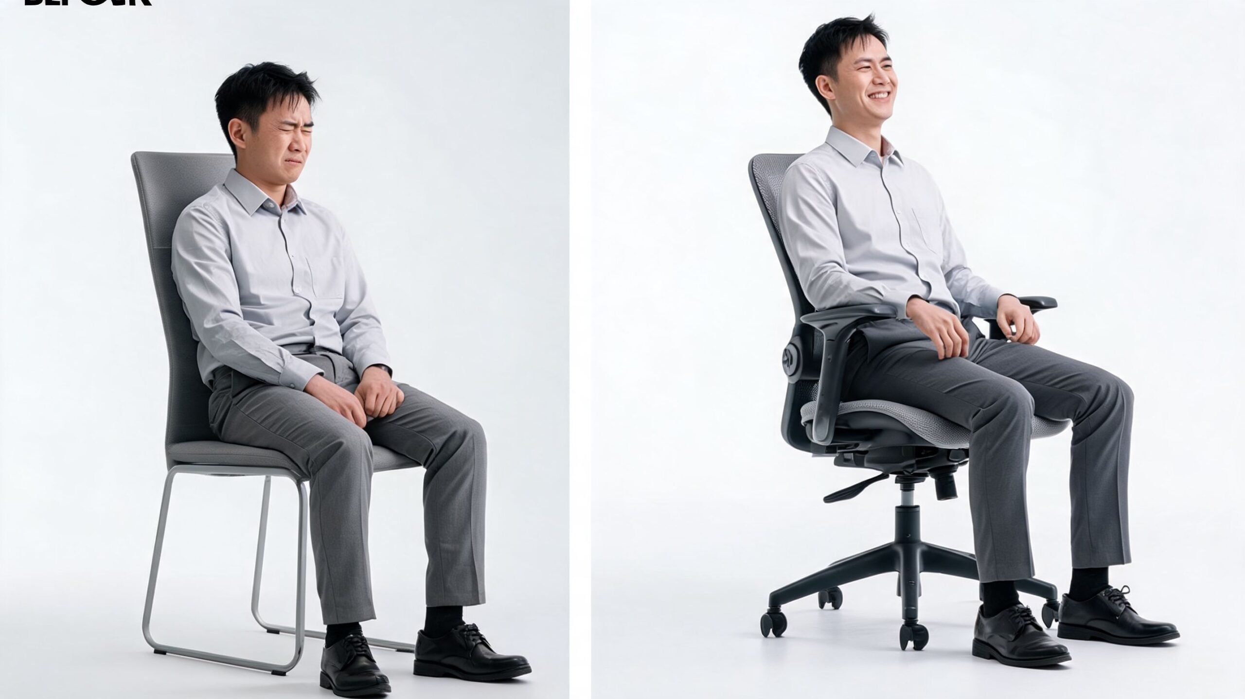 A man looking uncomfortable on a simple chair compared to being relaxed on an ergonomic office chair.