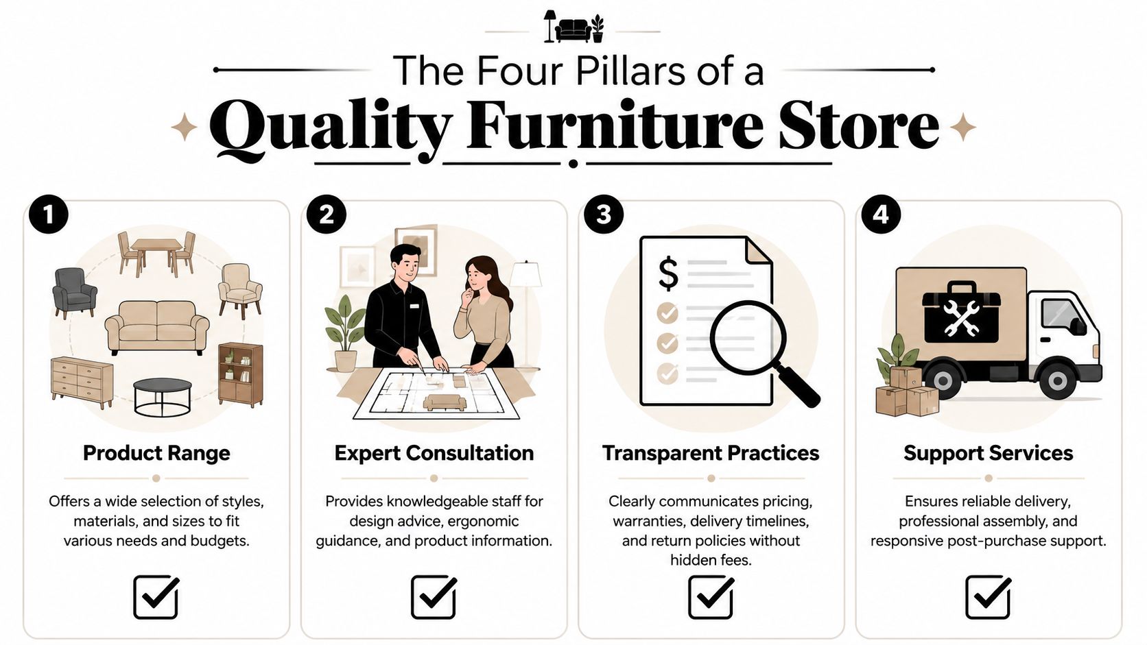 An infographic detailing the four key pillars of a high-quality furniture store including range, consultation, transparency, and support.