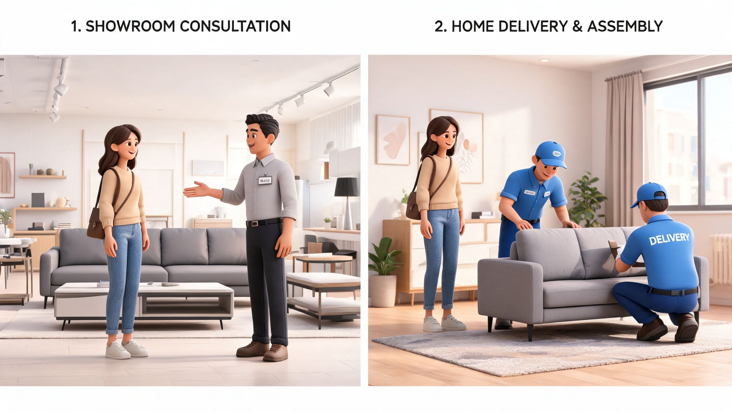 A split image showing a customer consulting in a showroom and professionals assembling furniture at home.