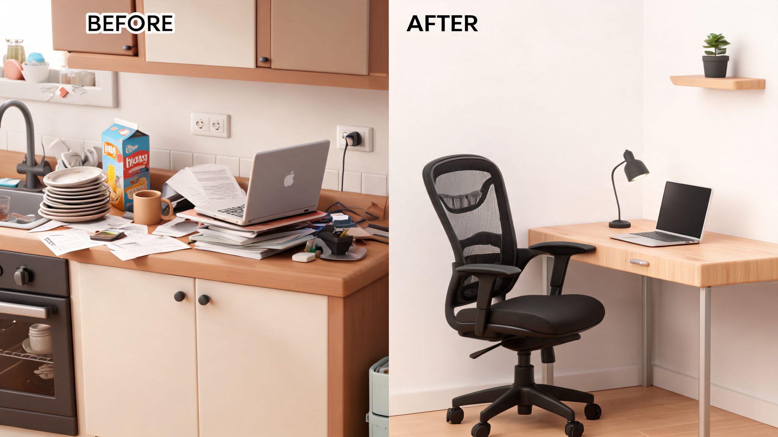 A split image showing a messy kitchen counter workspace transformed into a clean, minimalist home office setup.