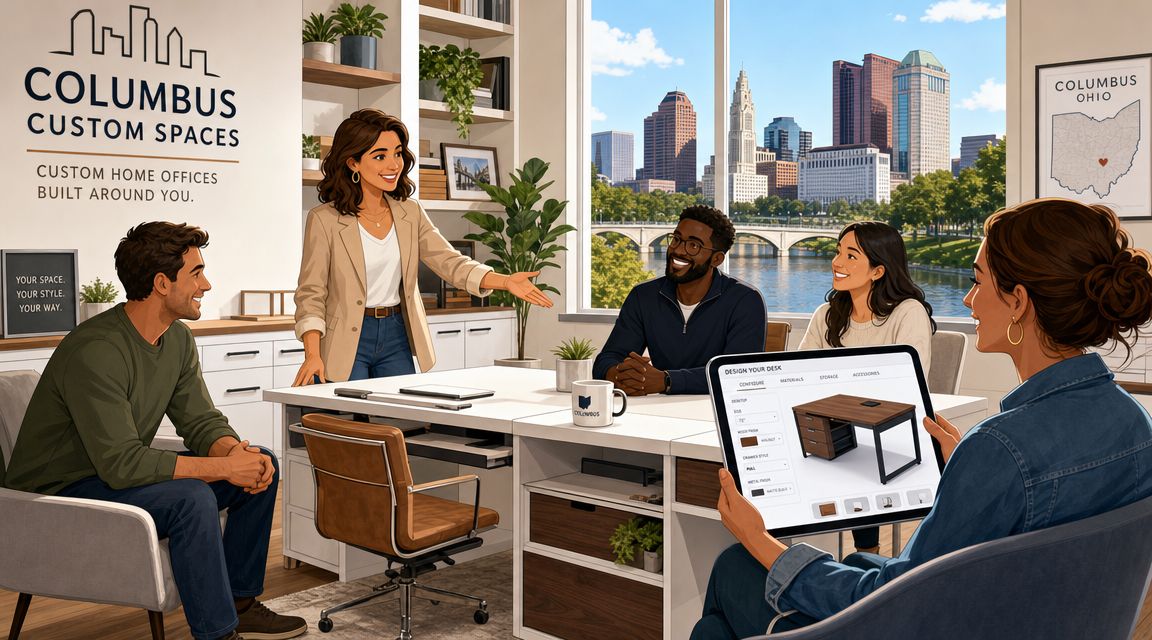 A design consultant presenting custom home office furniture options to clients in a modern, professional studio.