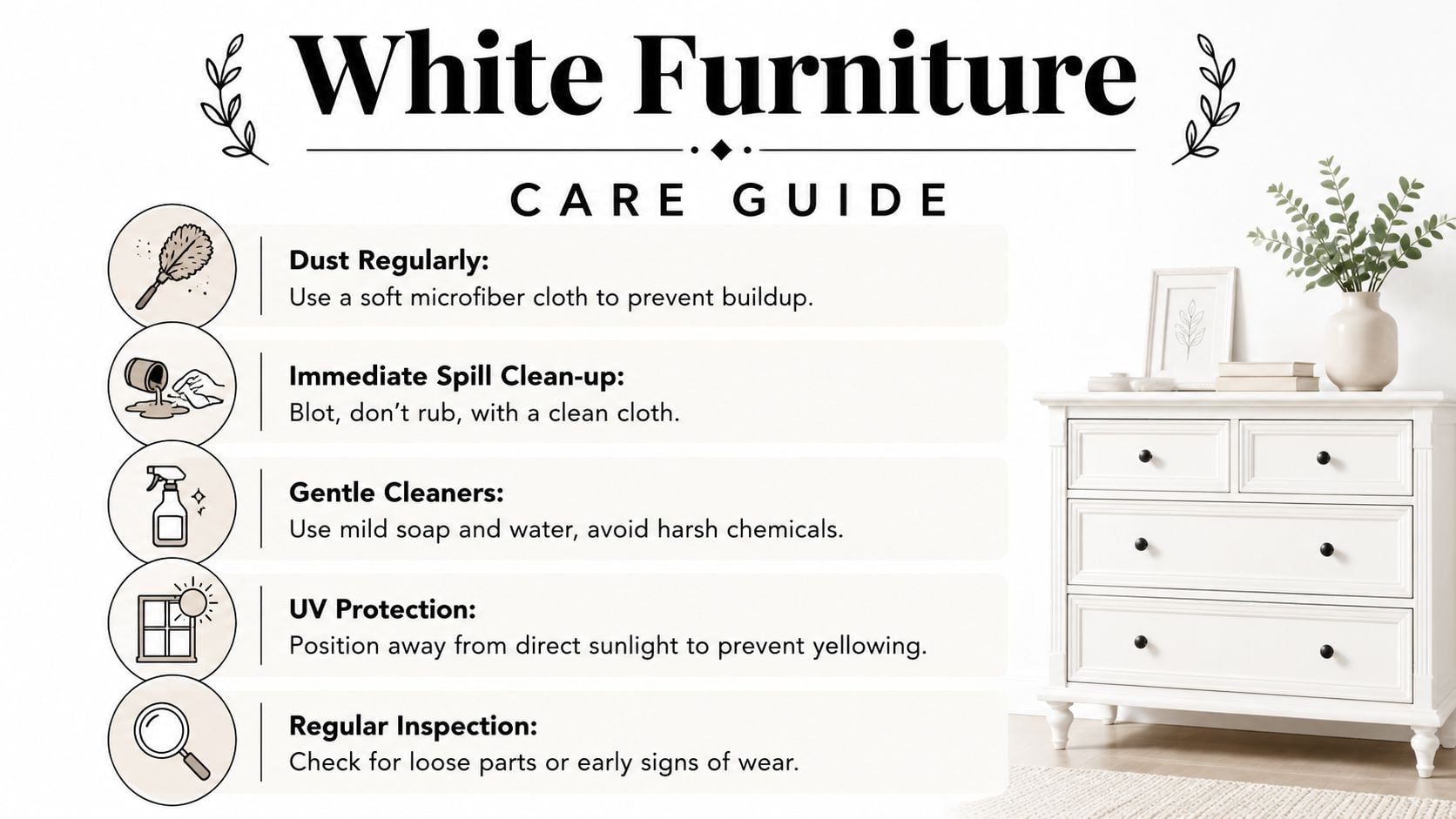 A care guide infographic for white furniture with tips on cleaning, maintenance, and sun protection.