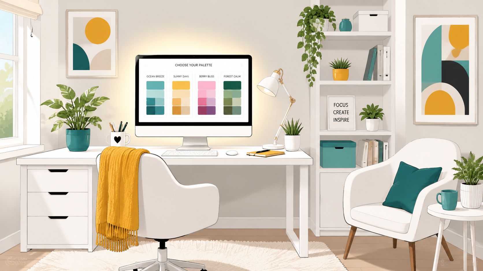 A bright home office with white furniture, a computer displaying color palettes, and various indoor green plants.
