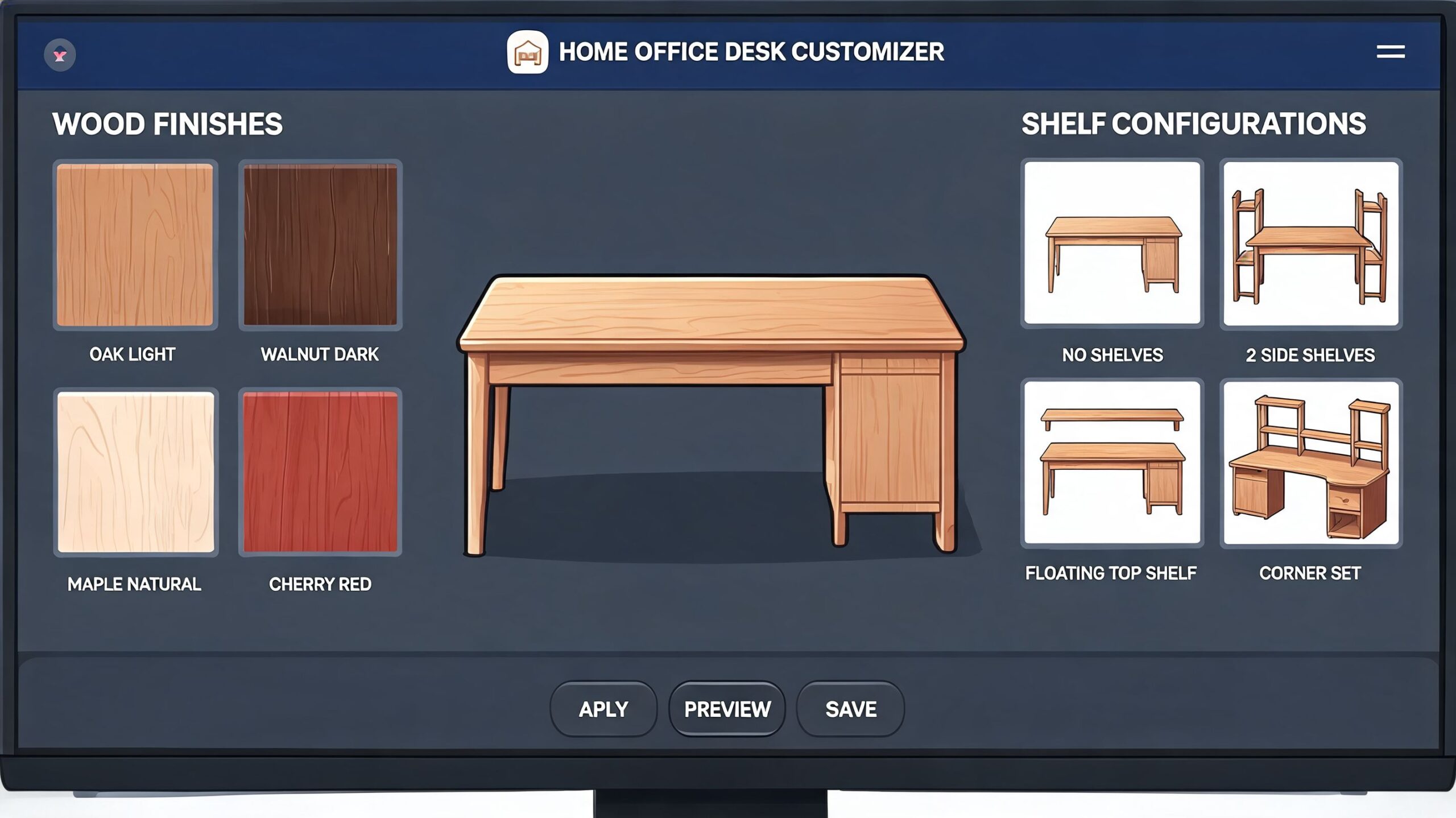 A digital interface for customizing home office desk wood finishes and shelf configuration options on a screen.