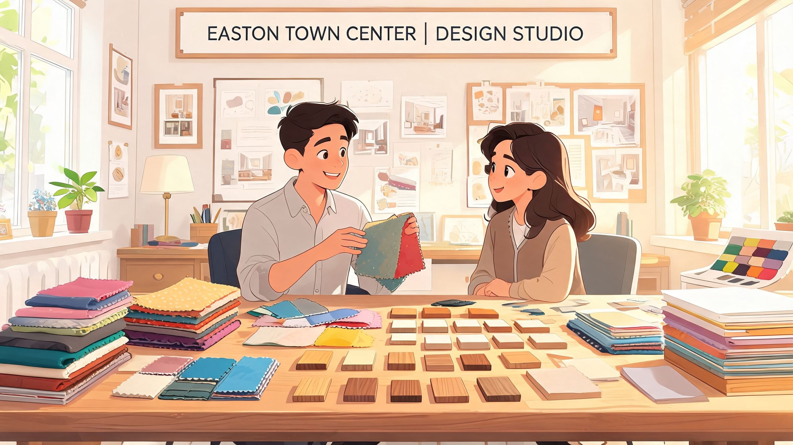 Two designers sitting at a desk in a bright office studio surrounded by fabric swatches and wood samples.