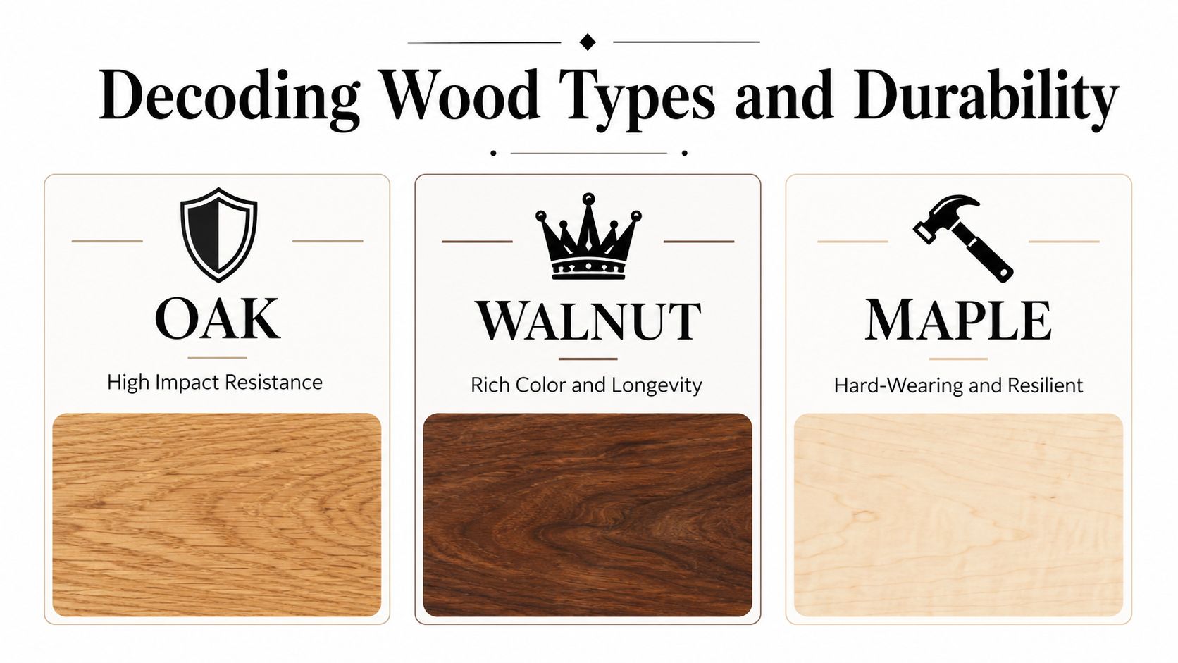 A comparison chart highlighting the durability and features of oak, walnut, and maple wood types.