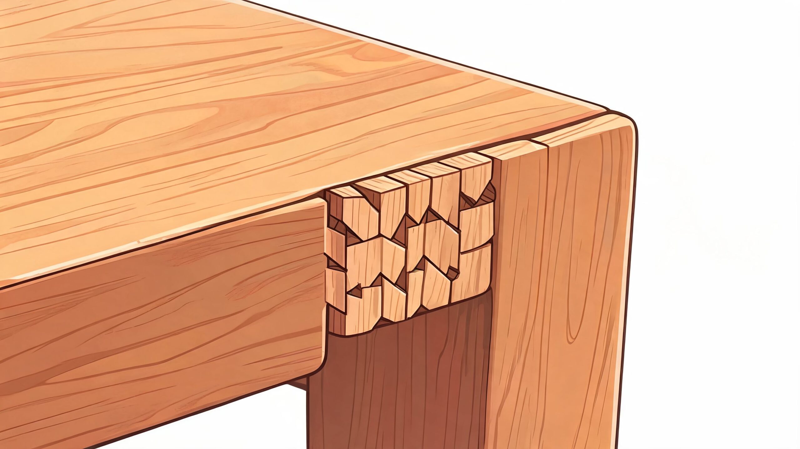 A close-up view of a complex wooden joint connecting a table top to a leg.