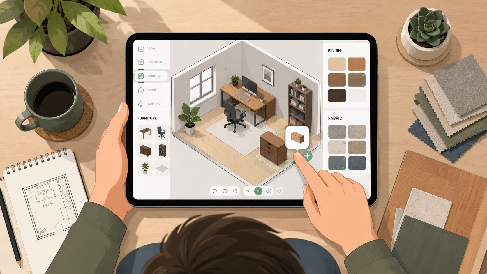 A designer uses a tablet to plan a 3D home office layout with furniture and textures.