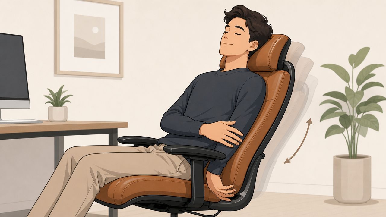 A man in a casual outfit reclining comfortably in a brown ergonomic office chair while relaxing.
