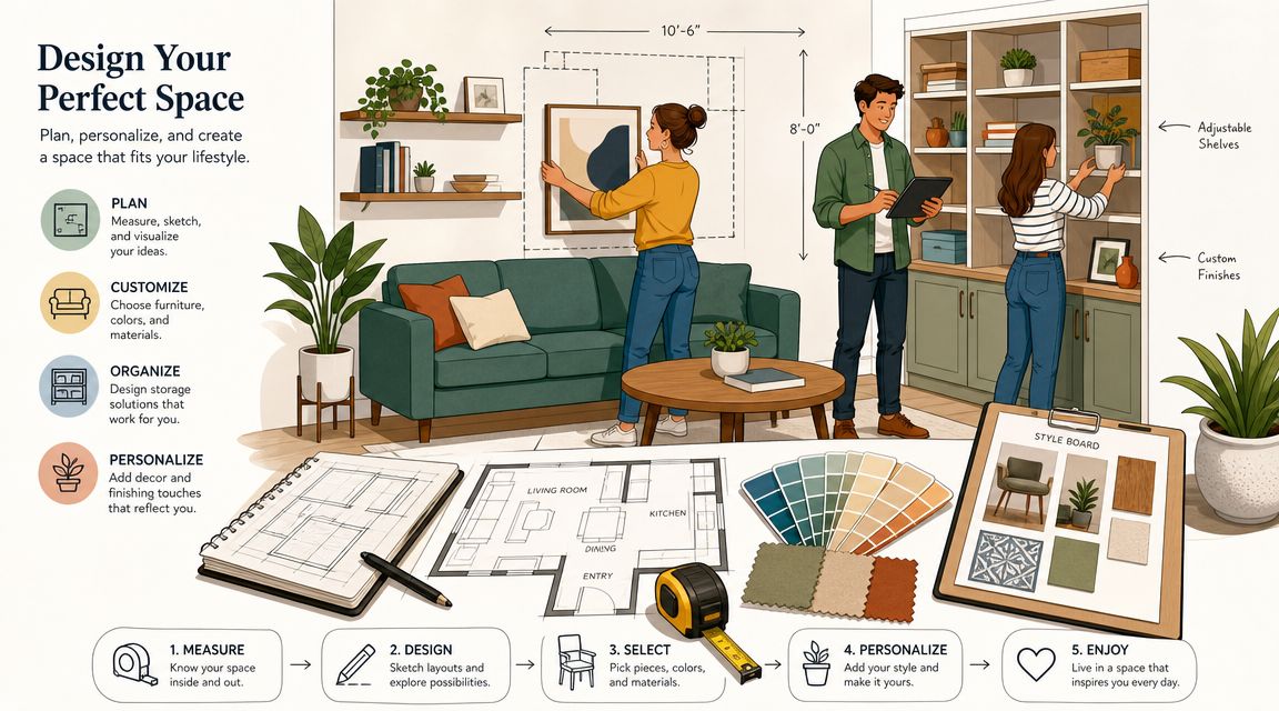 A couple designing and decorating a living space with furniture, shelves, floor plans, and color samples.