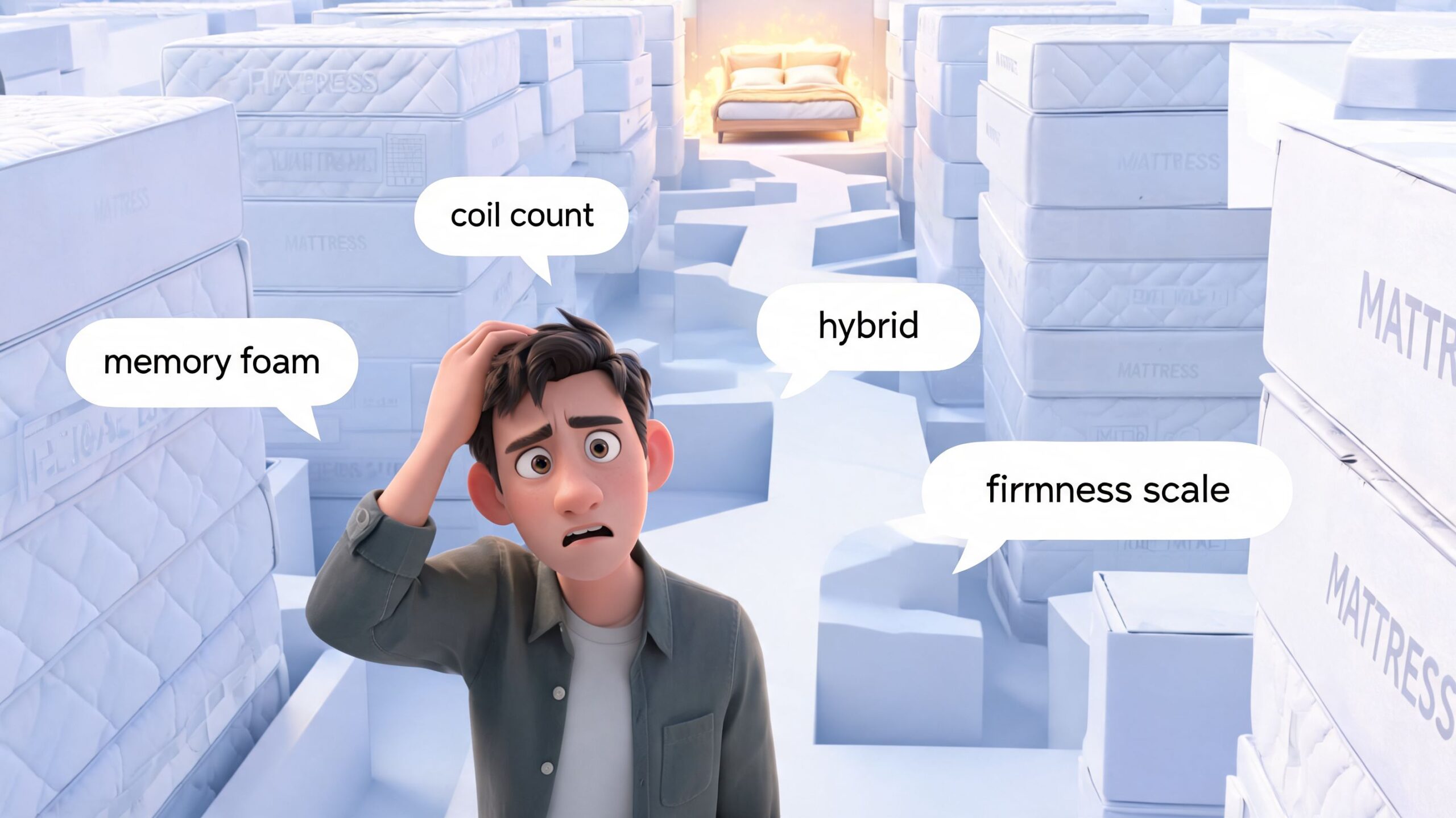 A confused person standing in a maze of white mattresses, overwhelmed by mattress shopping terminology like hybrid.