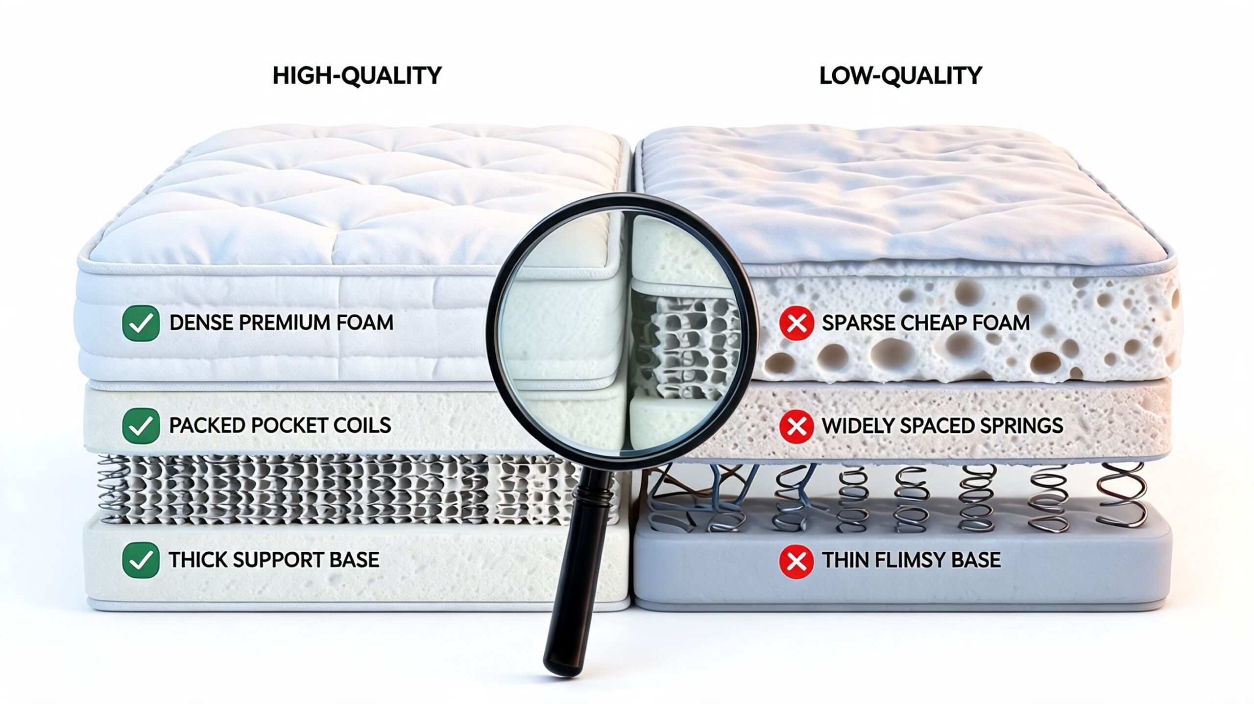 A comparison cross-section of a high-quality mattress versus a low-quality mattress showing internal materials and construction.