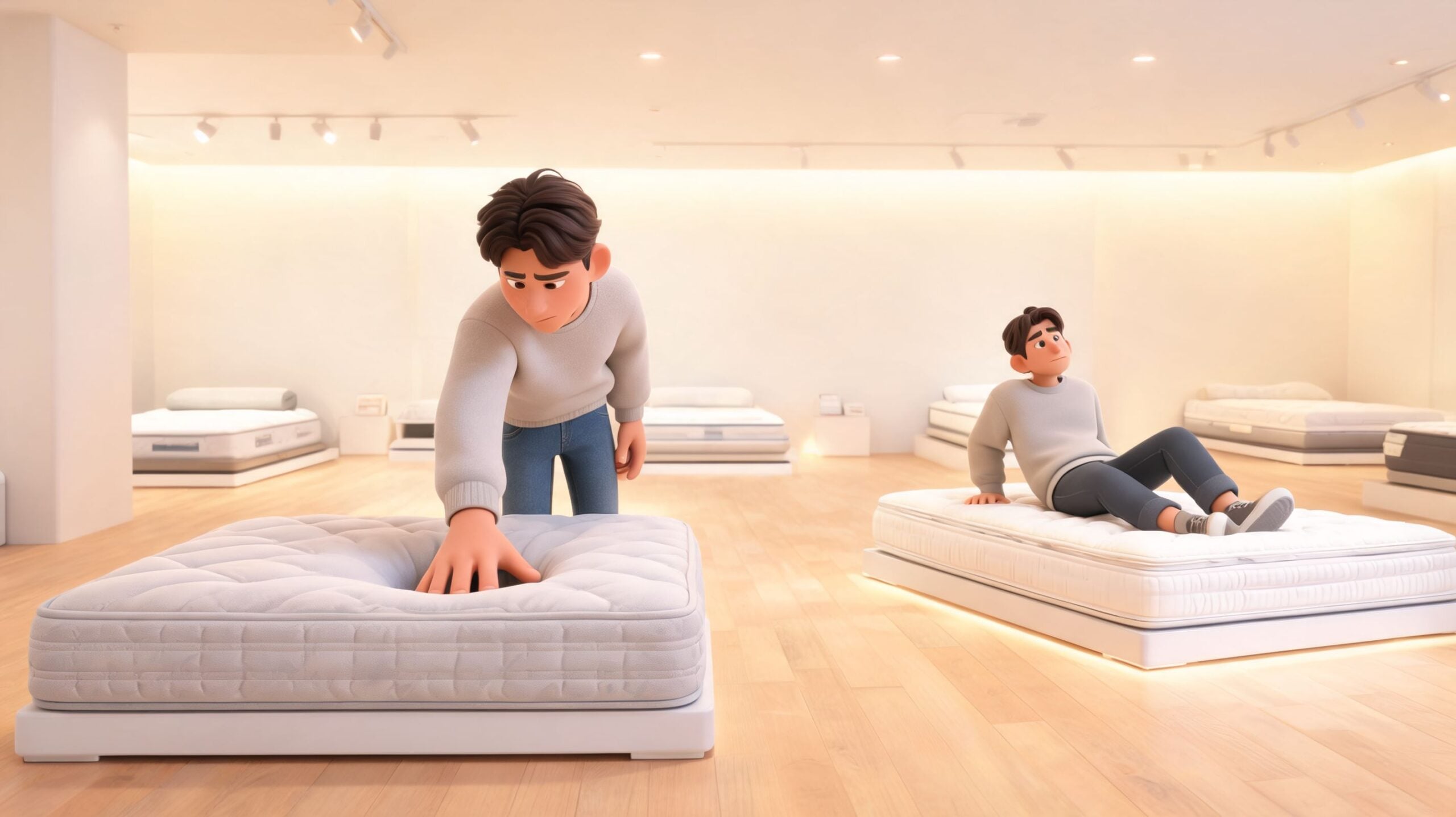 A 3D animated man tests a mattress in a store while another man sits on a different bed.