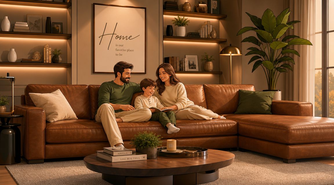 A happy family sitting together on a brown leather sectional sofa in a cozy, well-lit living room.